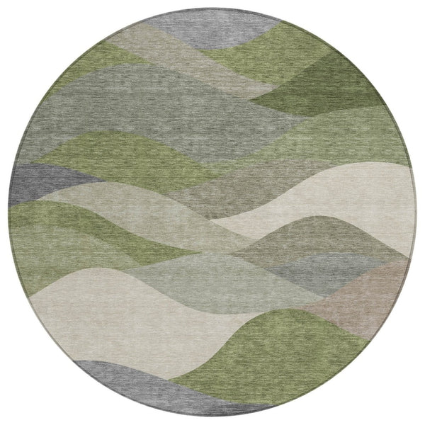 HomeRoots 8' Round Abstract Area Rug - Stylish Green and Gray Washable Design for Indoor & Outdoor Use 689687