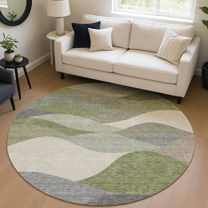 HomeRoots 8' Round Abstract Area Rug - Stylish Green and Gray Washable Design for Indoor & Outdoor Use 689687