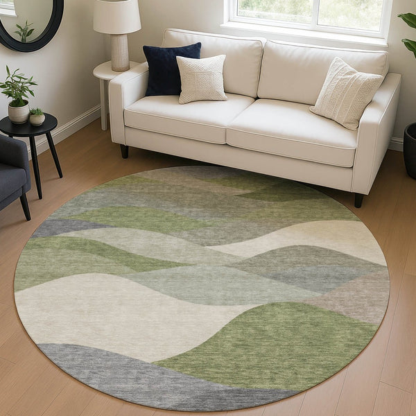 HomeRoots 8' Round Abstract Area Rug - Stylish Green and Gray Washable Design for Indoor & Outdoor Use 689687