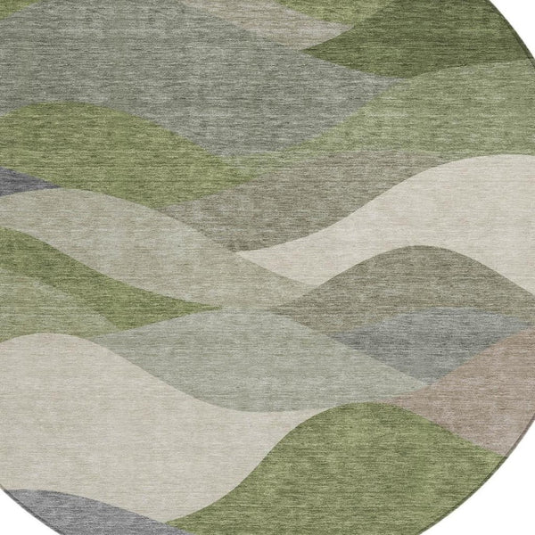 HomeRoots 8' Round Abstract Area Rug - Stylish Green and Gray Washable Design for Indoor & Outdoor Use 689687