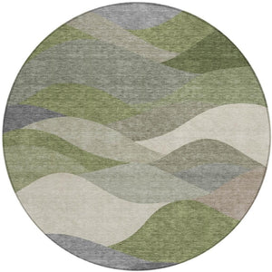 HomeRoots 8' Round Abstract Area Rug - Stylish Green and Gray Washable Design for Indoor & Outdoor Use 689687