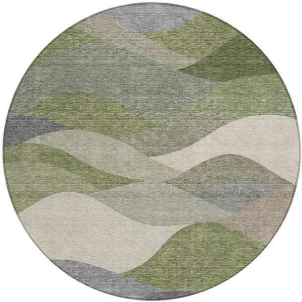 HomeRoots 8' Round Abstract Area Rug - Stylish Green and Gray Washable Design for Indoor & Outdoor Use 689687