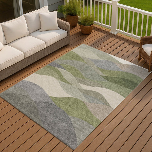 HomeRoots 10' X 14' Green and Gray Abstract Indoor Outdoor Area Rug - Stylish, Washable, Stain Resistant Design 689690
