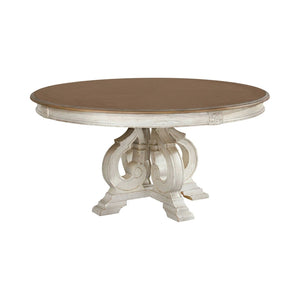 English Elm Dining Table 60 Inch Round Solid Wood Pedestal with Hand Carved Skirt and Inlay Antique White B2741P474004