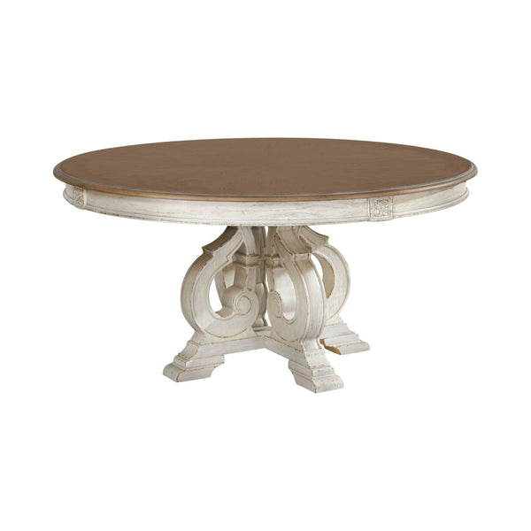 English Elm Dining Table 60 Inch Round Solid Wood Pedestal with Hand Carved Skirt and Inlay Antique White B2741P474004