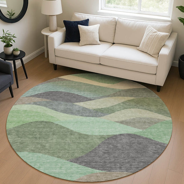 HomeRoots 8' Sage and Beige Round Abstract Area Rug - Stylish, Washable Design for Indoor and Outdoor Spaces 689705