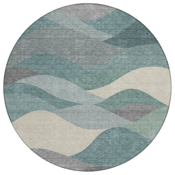HomeRoots 8' Teal Blue and Gray Round Indoor-Outdoor Area Rug - Durable, Washable, Modern Geometric Design 689711