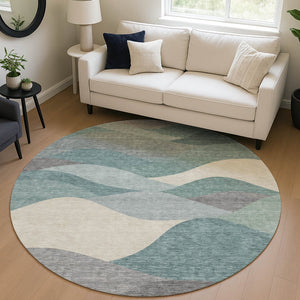 HomeRoots 8' Teal Blue and Gray Round Indoor-Outdoor Area Rug - Durable, Washable, Modern Geometric Design 689711