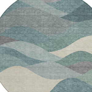 HomeRoots 8' Teal Blue and Gray Round Indoor-Outdoor Area Rug - Durable, Washable, Modern Geometric Design 689711