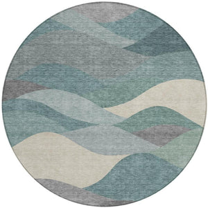 HomeRoots 8' Teal Blue and Gray Round Indoor-Outdoor Area Rug - Durable, Washable, Modern Geometric Design 689711