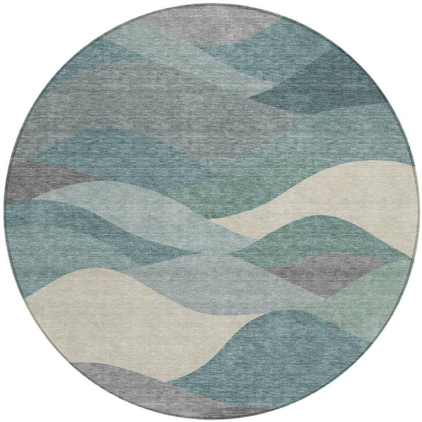 HomeRoots 8' Teal Blue and Gray Round Indoor-Outdoor Area Rug - Durable, Washable, Modern Geometric Design 689711