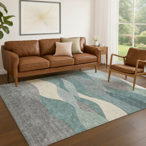 HomeRoots 8' X 10' Teal Blue & Gray Modern Abstract Washable Area Rug – Perfect for Indoor & Outdoor Use! 689712