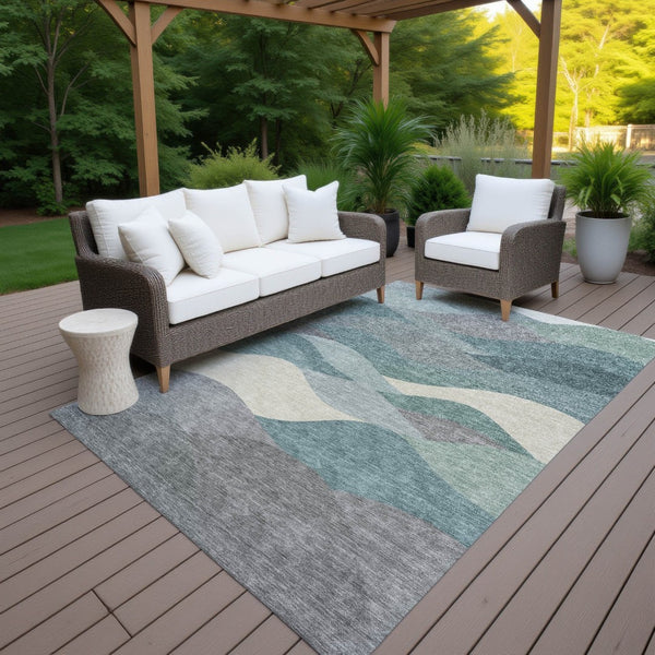 HomeRoots 8' X 10' Teal Blue & Gray Modern Abstract Washable Area Rug – Perfect for Indoor & Outdoor Use! 689712