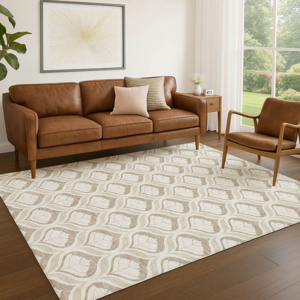 HomeRoots 5' Beige and Taupe Geometric Area Rug - Washable Indoor/Outdoor, Durable, Stylish for Any Space 689716