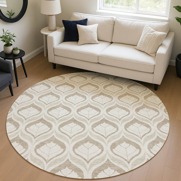 HomeRoots 8' Beige and Taupe Round Geometric Area Rug - Washable, Durable, Indoor/Outdoor, Easy-Care Solution 689717