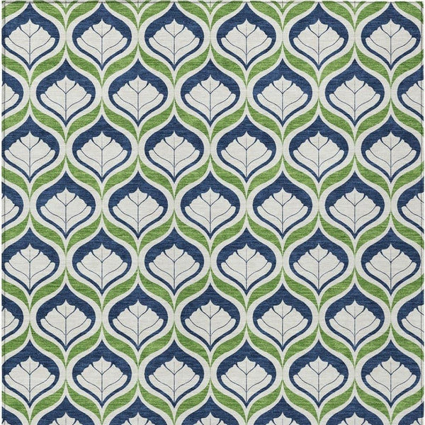 HomeRoots 5' Geometric Blue, Ivory & Green Area Rug – Stylish Indoor/Outdoor Washable Design for Any Space! 689722