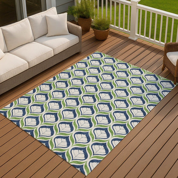 HomeRoots 5' Geometric Blue, Ivory & Green Area Rug – Stylish Indoor/Outdoor Washable Design for Any Space! 689722