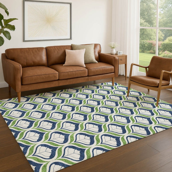 HomeRoots 5' Geometric Blue, Ivory & Green Area Rug – Stylish Indoor/Outdoor Washable Design for Any Space! 689722