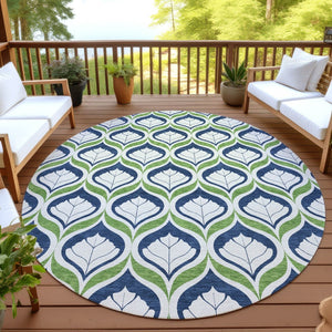 HomeRoots 8' Round Geometric Rug in Blue, Ivory & Green - Washable, Durable for Indoor/Outdoor Use, Stylish Decor 689723