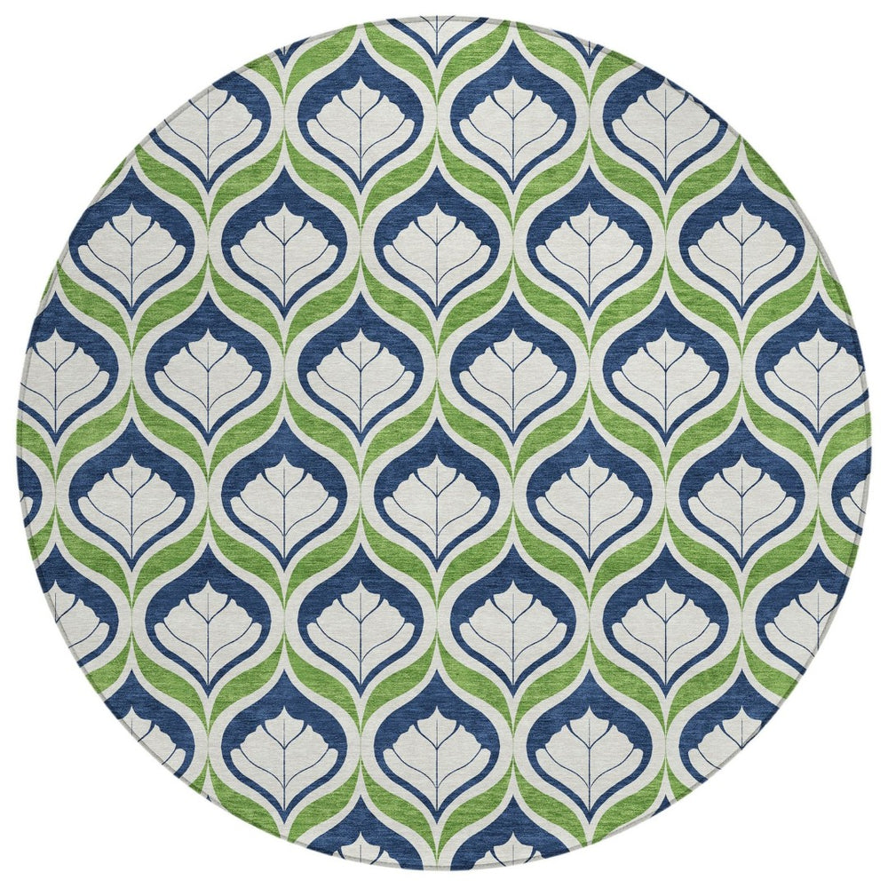 HomeRoots 8' Round Geometric Rug in Blue, Ivory & Green - Washable, Durable for Indoor/Outdoor Use, Stylish Decor 689723
