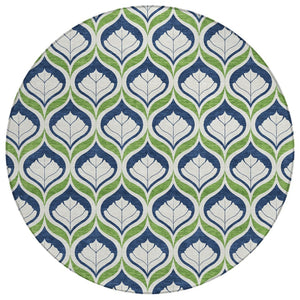 HomeRoots 8' Round Geometric Rug in Blue, Ivory & Green - Washable, Durable for Indoor/Outdoor Use, Stylish Decor 689723