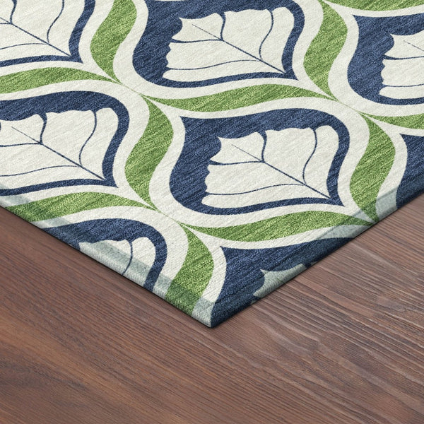 HomeRoots 8' Round Geometric Rug in Blue, Ivory & Green - Washable, Durable for Indoor/Outdoor Use, Stylish Decor 689723