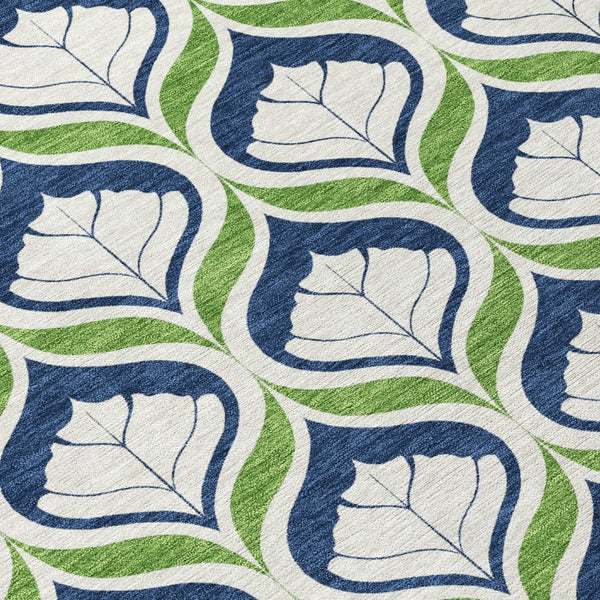 HomeRoots 8' Round Geometric Rug in Blue, Ivory & Green - Washable, Durable for Indoor/Outdoor Use, Stylish Decor 689723