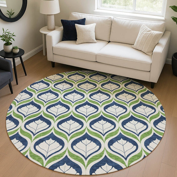 HomeRoots 8' Round Geometric Rug in Blue, Ivory & Green - Washable, Durable for Indoor/Outdoor Use, Stylish Decor 689723