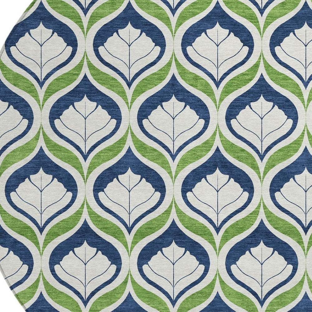 HomeRoots 8' Round Geometric Rug in Blue, Ivory & Green - Washable, Durable for Indoor/Outdoor Use, Stylish Decor 689723