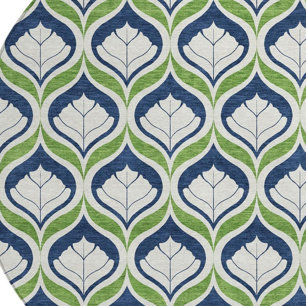 HomeRoots 8' Round Geometric Rug in Blue, Ivory & Green - Washable, Durable for Indoor/Outdoor Use, Stylish Decor 689723
