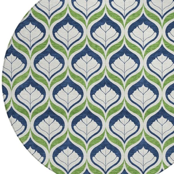 HomeRoots 8' Round Geometric Rug in Blue, Ivory & Green - Washable, Durable for Indoor/Outdoor Use, Stylish Decor 689723