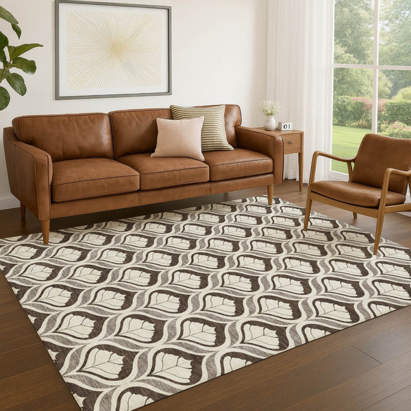 HomeRoots 9' X 12' Brown and Beige Geometric Washable Area Rug for Indoor/Outdoor - Durable, Easy-Clean Design 689731