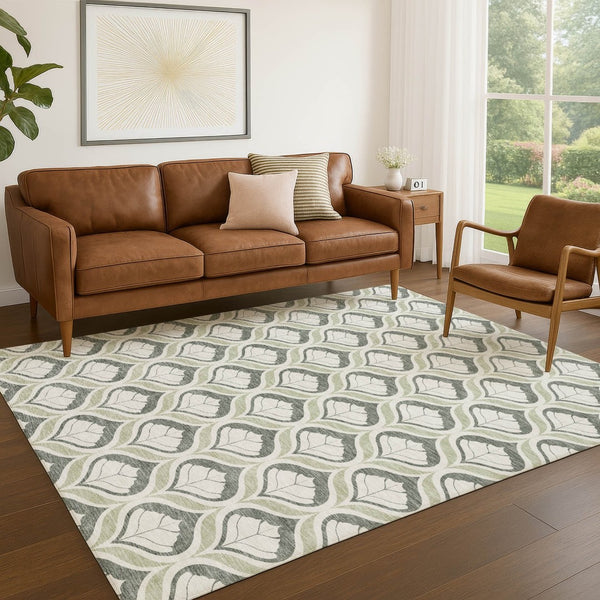 HomeRoots 5' Geometric Lime Green and Beige Indoor Outdoor Area Rug for High-Traffic Spaces, Washable & Durable 689734