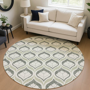 HomeRoots 8' Vibrant Lime Green and Beige Geometric Round Rug - Stylish, Washable for Indoor & Outdoor Use! 689735