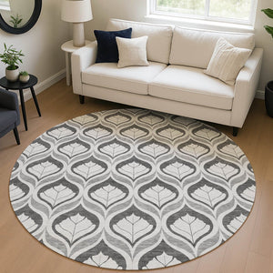 HomeRoots 8' Charcoal & Silver Geometric Washable Round Area Rug - Stylish, Durable & Ideal for Indoor/Outdoor Use 689741