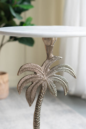 English Elm 14x14x24" Round Marble Top Side Table Sculptural Gold Palm Pedestal Accent Piece W2078P461588