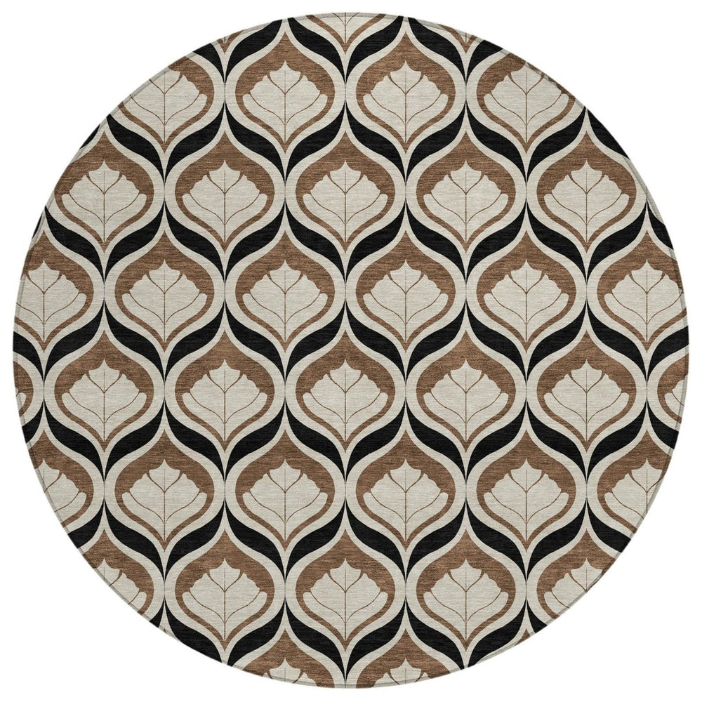 HomeRoots 8' Stylish Chocolate Beige Brown Round Geometric Washable Area Rug for Indoor & Outdoor Use 689753