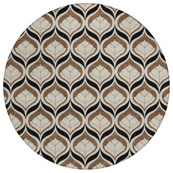 HomeRoots 8' Stylish Chocolate Beige Brown Round Geometric Washable Area Rug for Indoor & Outdoor Use 689753