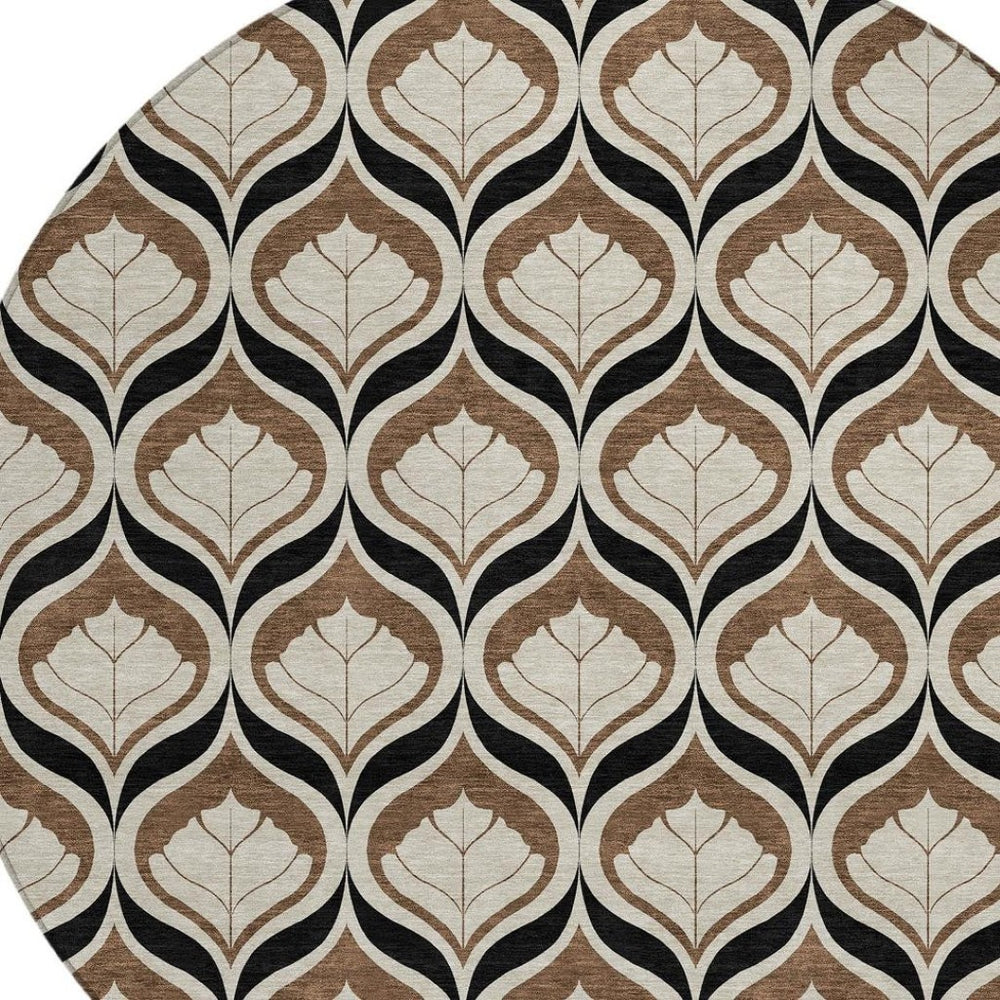 HomeRoots 8' Stylish Chocolate Beige Brown Round Geometric Washable Area Rug for Indoor & Outdoor Use 689753