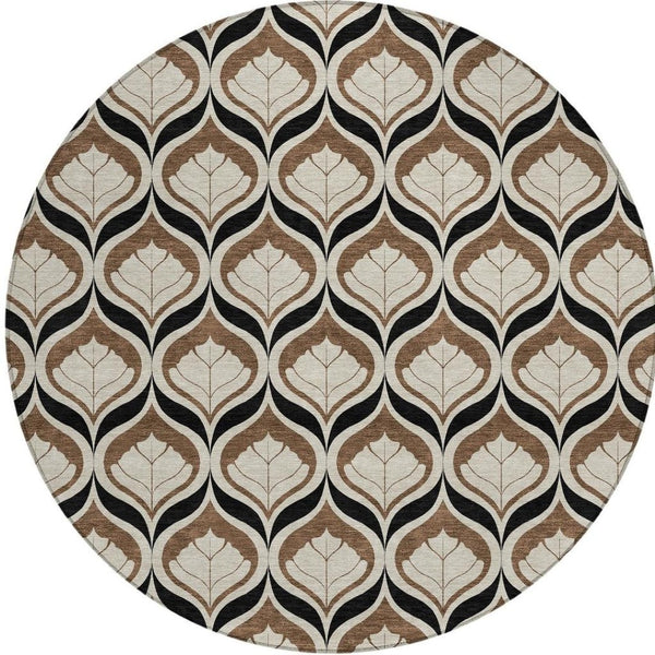 HomeRoots 8' Stylish Chocolate Beige Brown Round Geometric Washable Area Rug for Indoor & Outdoor Use 689753