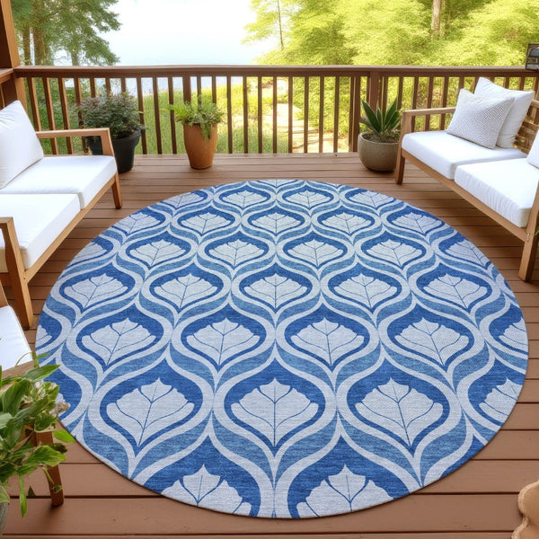 HomeRoots 8' Navy Blue and Sky Blue Round Geometric Washable Area Rug - Stylish, Durable, Easy-Clean Design! 689765