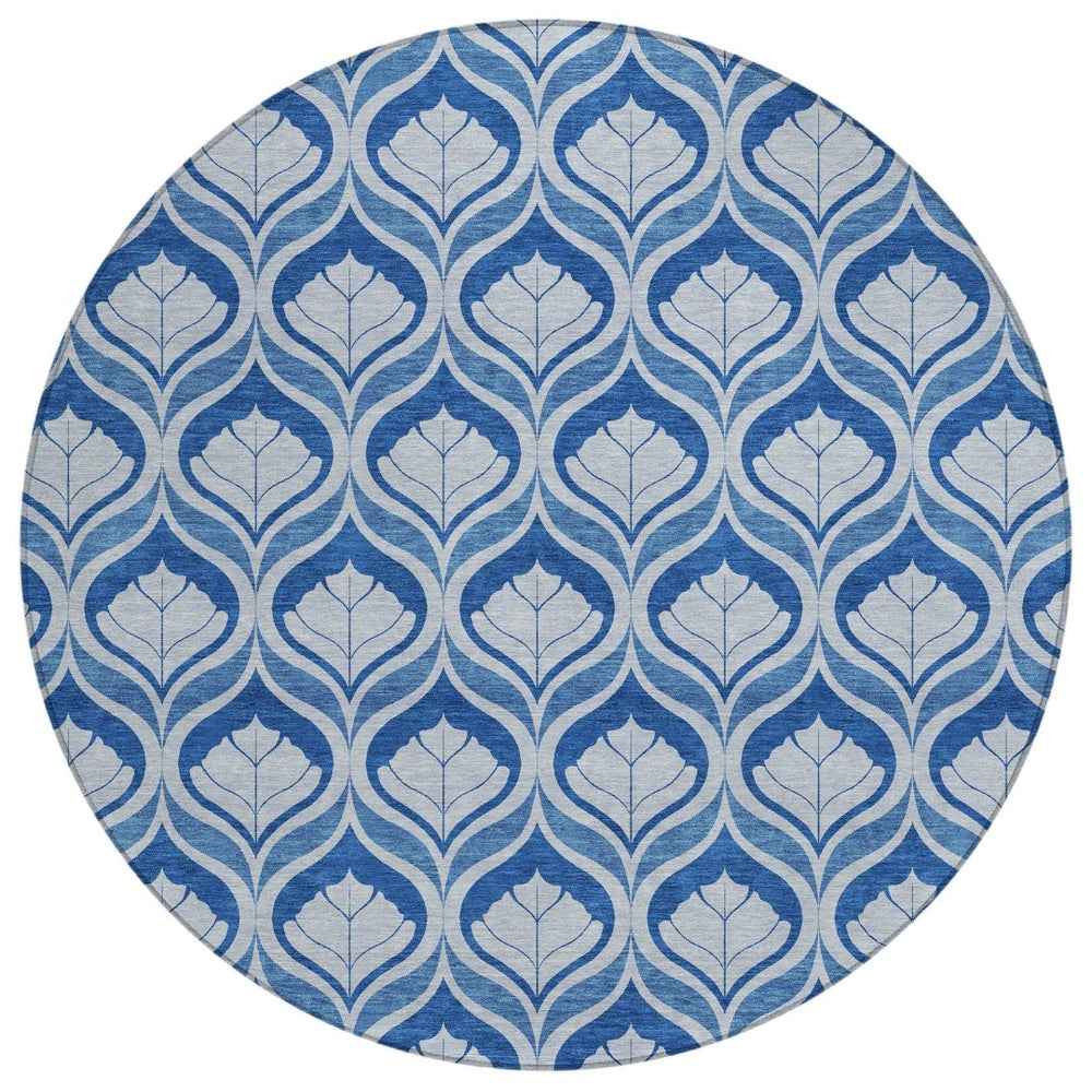 HomeRoots 8' Navy Blue and Sky Blue Round Geometric Washable Area Rug - Stylish, Durable, Easy-Clean Design! 689765