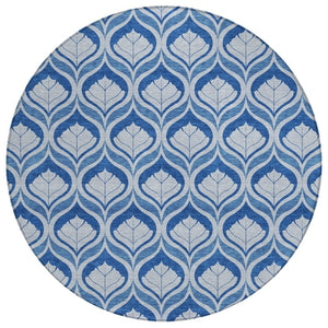 HomeRoots 8' Navy Blue and Sky Blue Round Geometric Washable Area Rug - Stylish, Durable, Easy-Clean Design! 689765