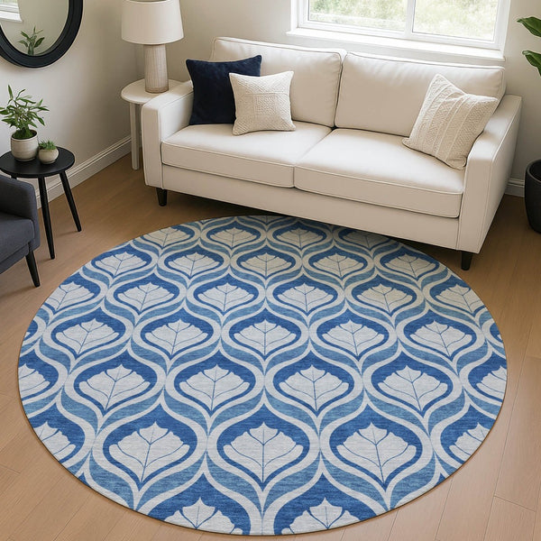 HomeRoots 8' Navy Blue and Sky Blue Round Geometric Washable Area Rug - Stylish, Durable, Easy-Clean Design! 689765