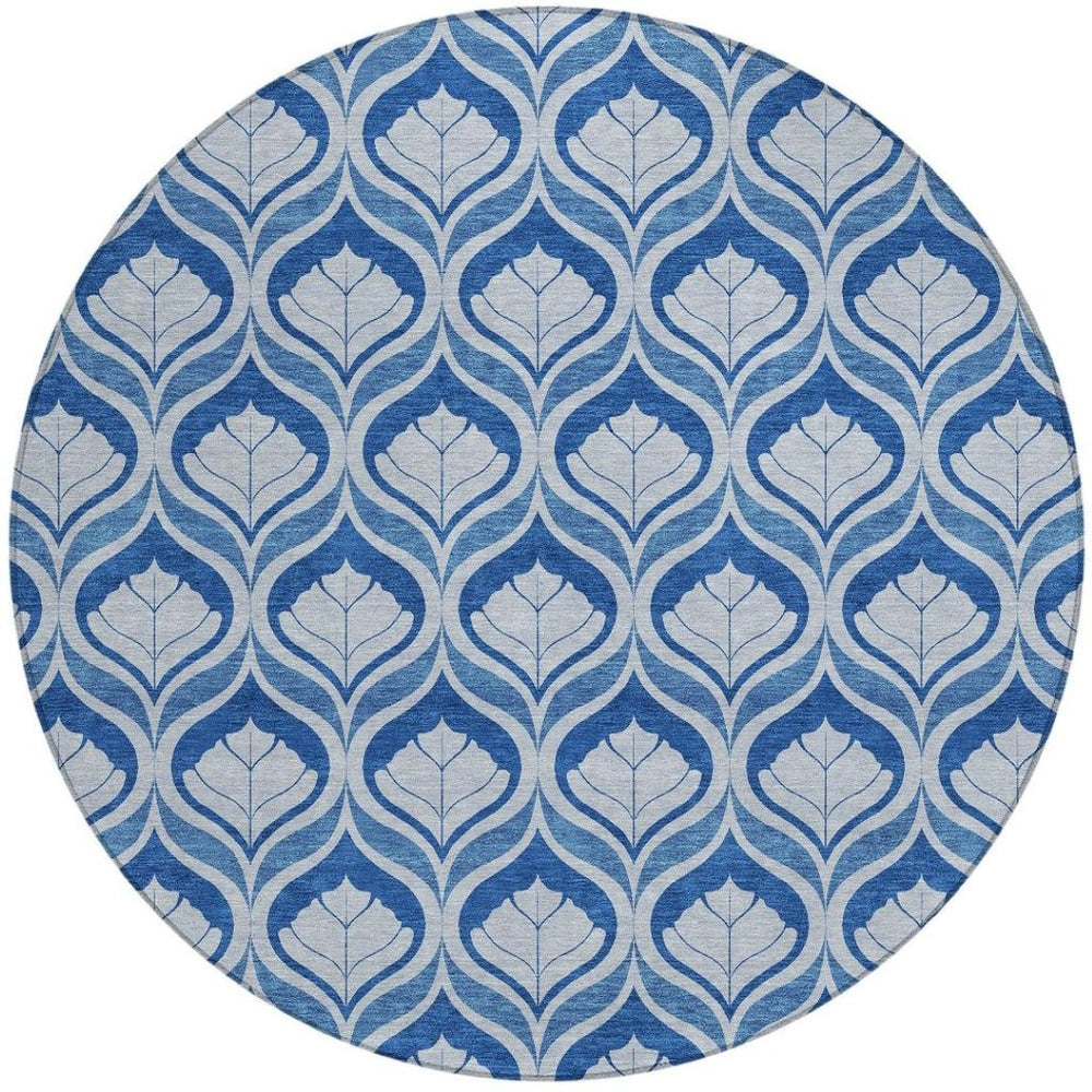 HomeRoots 8' Navy Blue and Sky Blue Round Geometric Washable Area Rug - Stylish, Durable, Easy-Clean Design! 689765