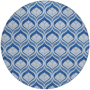 HomeRoots 8' Navy Blue and Sky Blue Round Geometric Washable Area Rug - Stylish, Durable, Easy-Clean Design! 689765