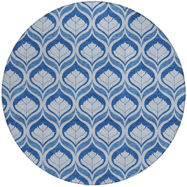 HomeRoots 8' Navy Blue and Sky Blue Round Geometric Washable Area Rug - Stylish, Durable, Easy-Clean Design! 689765