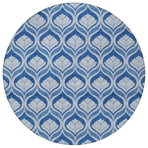HomeRoots 8' Navy Blue and Sky Blue Round Geometric Washable Area Rug - Stylish, Durable, Easy-Clean Design! 689765