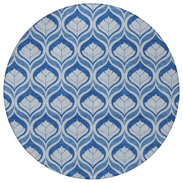 HomeRoots 8' Navy Blue and Sky Blue Round Geometric Washable Area Rug - Stylish, Durable, Easy-Clean Design! 689765