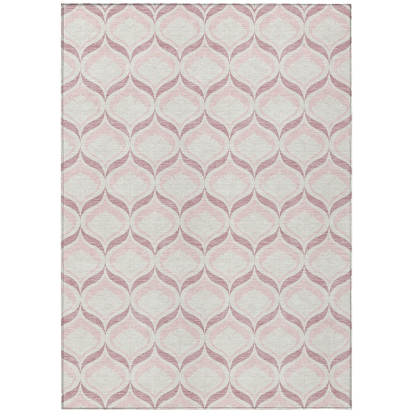 HomeRoots 5' Pink and Ivory Geometric Indoor-Outdoor Area Rug - Durable, Machine Washable, Stylish Accent Piece 689770
